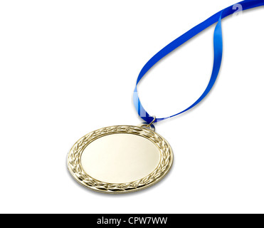 Un oro medaglia alle olimpiadi con percorso di clipping isolato su bianco con nastro blu