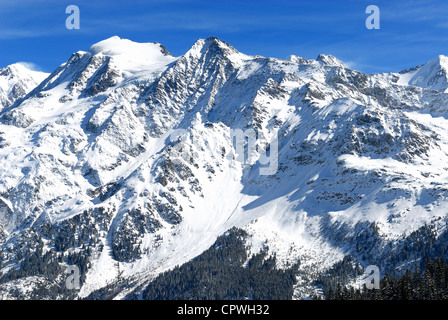 Il massiccio del Monte Bianco, la più alta montagna d'Europa visto dal lato francese su una bella giornata Foto Stock