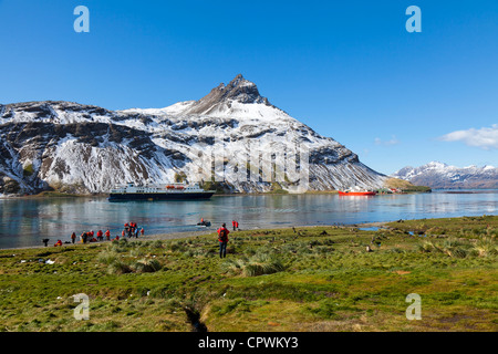 Expedition nave passeggeri in atterraggio a Grytviken, Isola Georgia del Sud Foto Stock