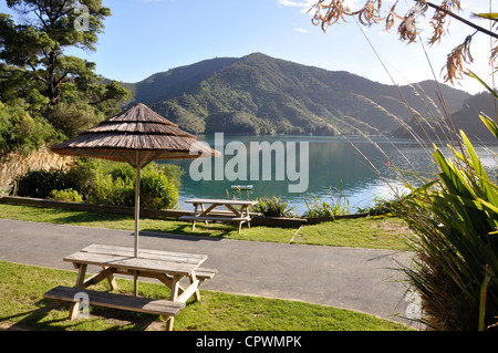 A resort Lochmara Lodge vicino alla città di su Picton Marlborough Sounds. Nuova Zelanda Foto Stock