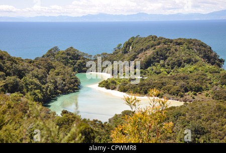 Frenchmans Bay Cove laguna di marea è vista dal di sopra Parco Nazionale Abel Tasman, Nuova Zelanda Foto Stock