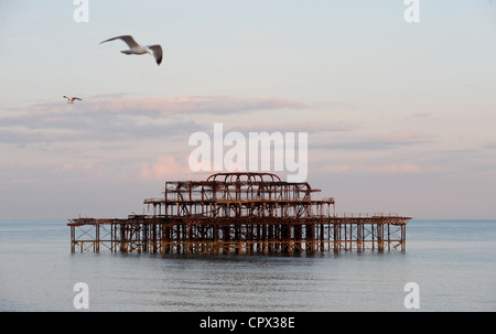 Il molo di ponente immerso in un bagliore dorato come il sole scende in Brighton stasera Foto Stock