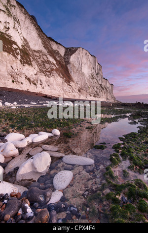 Le Bianche Scogliere di Dover all'alba, St Margaret's Bay, Kent, Inghilterra Foto Stock