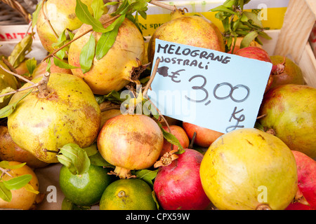 Freschi frutti di melograno, melograne, in vendita presso settimanale mercato di strada nel paese di Panzano in Chianti, Toscana, Italia Foto Stock