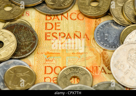 Pesetas spagnole banconote e monete Foto Stock