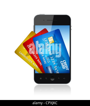 Mobile smart phone con mazzetto di carta di credito su uno schermo. Pagamenti elettronici Concetto di immagine. Isolato su bianco. Foto Stock