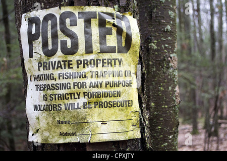 Sporco postato segno nella foresta di affermare " Pubblicato; proprietà privata; caccia pesca di cattura o la trasgressione per qualsiasi scopo è rigorosa Foto Stock