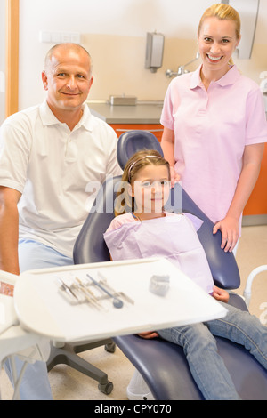 Ritratto del team odontoiatrico con la fanciulla in odontostomatologia clinica Foto Stock