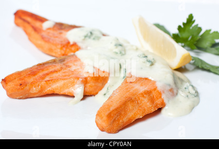 Quattro squisite fette di salmone alla griglia con salsa bianca Foto Stock