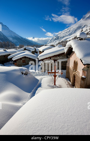 Francia, Savoie Maurienne, il Parc National de la Vanoise, Bessans, Le Villaron borgo, xv secolo San Colombano Cappella Foto Stock