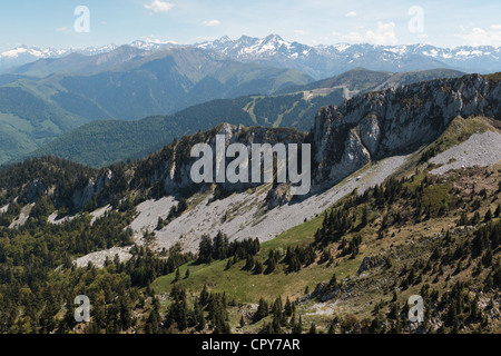 Vista dei Pirenei da una cresta vicino Col du pas de l'Ane, Haute-Garonne, Midi-Pirenei, Francia. Foto Stock