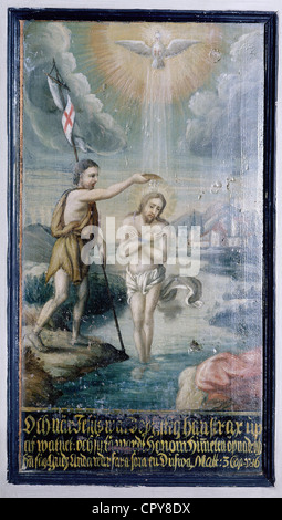 Gesù Cristo, circa 4 a.C. - circa 33 a.C., a tutta lunghezza, "Battesimo", Giovanni Battista battezzando Gesù nel fiume Giordano, dipingendo su porta, chiesa, Vä, Svezia, interno, Foto Stock