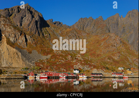 Norvegia, Nordland County, Isole Lofoten, Isola Vestvagoy, Ballstad Harbour Foto Stock