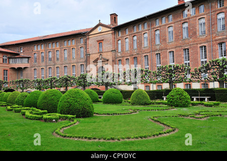 Pollarded alberi in splendidi giardini paesaggistici .dell'Hôtel-Dieu St-Jacques, Toulouse - Toulouse il primo grande ospedale Foto Stock