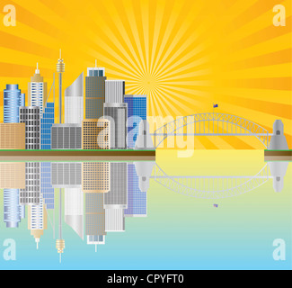 Sydney Australia Skyline Landmarks Harbour Bridge con raggi di sole illustrazione dello sfondo Foto Stock