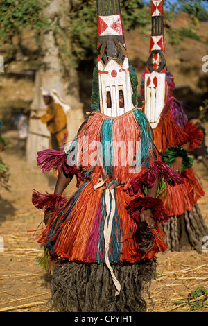 Mali, Paese Dogon, Ennde, in corrispondenza del fondo di Bandiagara cliffs Patrimonio Mondiale UNESCO, balli tradizionali strettamente per gli uomini dove Foto Stock
