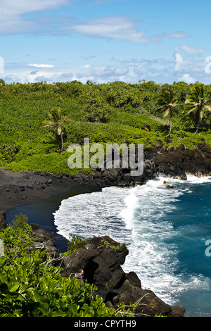 Spiaggia di sabbia nera, Wai&#699;anapanapa State Park, Maui, Hawaii, STATI UNITI D'AMERICA Foto Stock