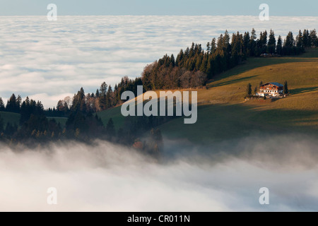 Vista da Mt Hirschberg con capanna alpina e la cappella vicino a Mt Pfaender in autunno durante la high fog, Austria, Europa PublicGround Foto Stock