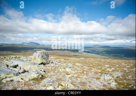 Vista panoramica attraverso moutnains, Fjaell e laghi dalla vetta del Monte Storvaetteshågna, Langfjaellet Riserva Naturale vicino Foto Stock