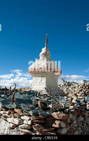 Buddismo tibetano, Stupa o Chorten, corna di yak e mani pietre, Chiu Gompa monastero sopra il lago Manasarovar, Mapham Yutsho Foto Stock