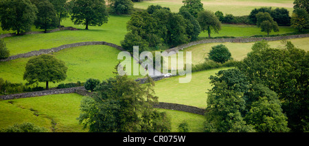 Auto sulla strada di campagna a Easedale vicino a Grasmere nel Parco Nazionale del Distretto dei Laghi, Cumbria, Regno Unito Foto Stock