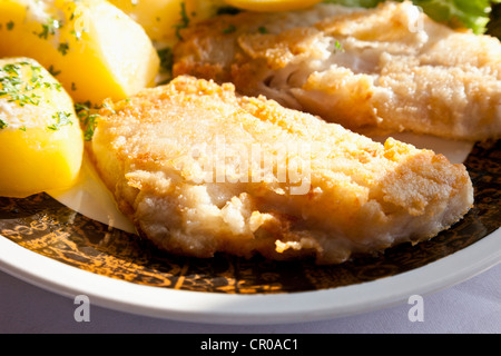 Filetto di scorfano di Norvegia nella pastella con patate bollite Foto Stock