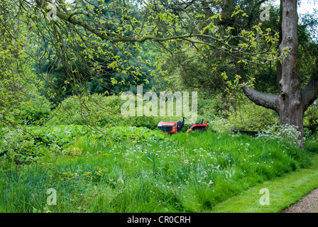 Rosso prato Kubota il trattore in una zona ricoperta di un giardino Foto Stock