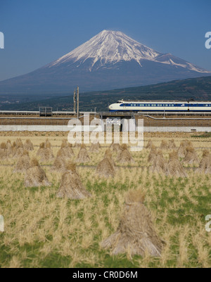 Il Giappone. Bullet train davanti al Monte Fuji. Foto Stock
