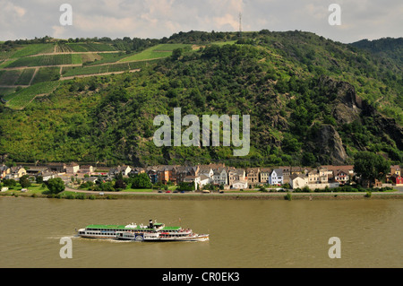 Battello a vapore sul Fiume Reno vicino San Goarshausen, Renania-Palatinato, Germania, Europa Foto Stock