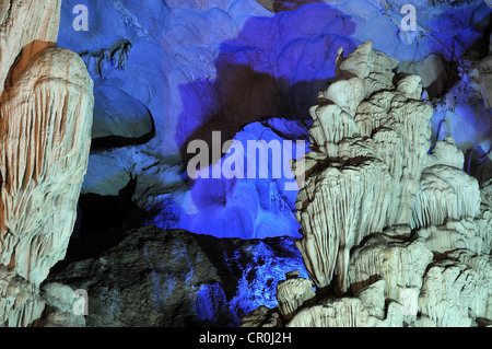 Colorfully illuminato a formazione di roccia in Hang Sung Sot cave, sorpresa Grotta Grotta di timore reverenziale, un sito Patrimonio Mondiale dell'UNESCO Foto Stock