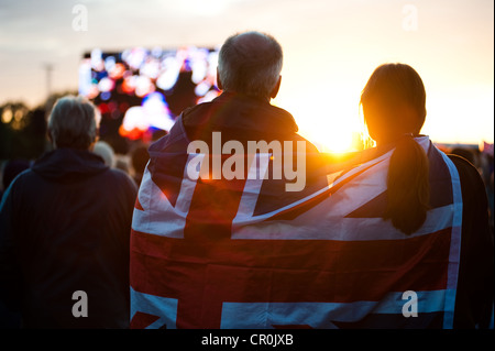 I festaioli godetevi il diamante della regina concerto giubileo da Hyde Park, Londra dove grandi schermi dove impostare il lunedì sera. Foto Stock