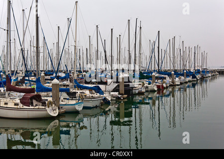 Barche a vela e le loro riflessioni in San Francisco South Beach Harbour su un nuvoloso giorno d'inverno. Foto Stock