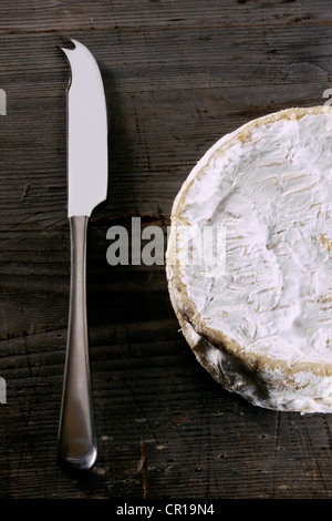Camembert con un coltello per formaggio su un rustico di una superficie di legno Foto Stock