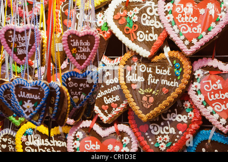 Cuori di panpepato, Oktoberfest Monaco di Baviera, Germania, Europa Foto Stock