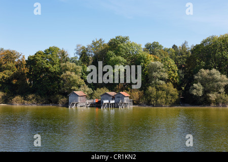 Case galleggianti in Buch sul Lago Ammersee o lago Ammer, cinque laghi, Alta Baviera, Baviera, Germania, Europa Foto Stock