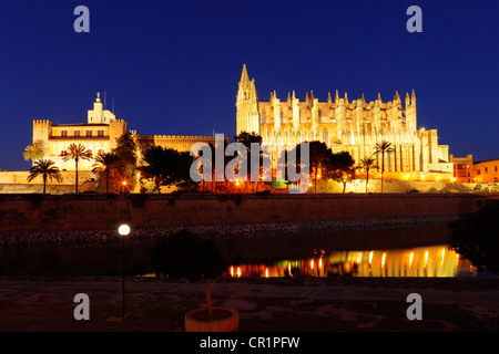 Almudaina Palace, La Seu Cathedral, Parc de Mar, Palma de Maiorca, Maiorca, isole Baleari, Spagna, Europa Foto Stock