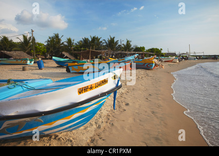 Barche di pescatori sulla spiaggia di Negombo, Nord provincia occidentale, Sri Lanka Foto Stock