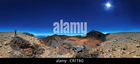 Panorama a 360 ° delle Pico Viejo e vulcano Pico del Teide mountain con una donna in piedi sul bordo di un cratere Foto Stock