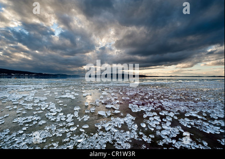 Pezzi di ghiaccio che giace sulla superficie ghiacciata sulla riva di Reichenau Isola, Baden-Wuerttemberg, Germania, Europa Foto Stock