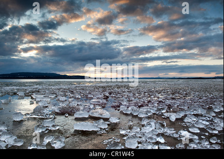 Pezzi di ghiaccio che giace sulla superficie ghiacciata sulla riva di Reichenau Isola, Baden-Wuerttemberg, Germania, Europa Foto Stock