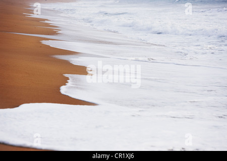 Lavaggio onde sulla spiaggia sabbiosa Foto Stock