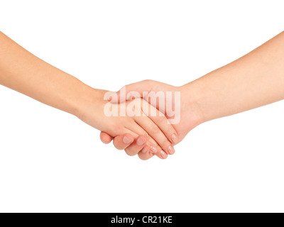 Stringe la mano di due persone, uomo e donna, isolato su bianco. Foto Stock