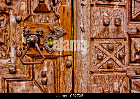 Solida quercia disco intagliato e decorato complessamente porta, pensato per essere più di 300 anni. Foto Stock