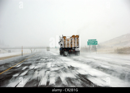 Il carrello di registrazione sulla strada ghiacciata durante la tempesta di neve nella parte orientale della Oregon Foto Stock