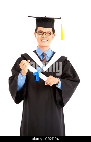 Felice la laurea studenti asiatici isolato su bianco Foto Stock