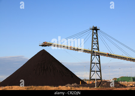 Il carbone nastro trasportatore di carico e un mucchio di carbone in una miniera di carbone Foto Stock