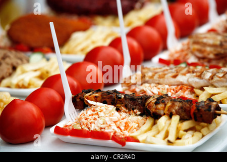 Shish kebab con pomodori freschi e insalata di cavolo nero Foto Stock