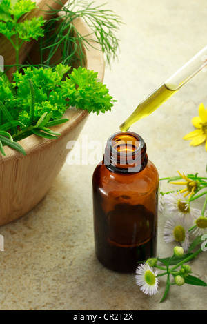 La medicina di erbe con contagocce e fiori selvatici Foto Stock