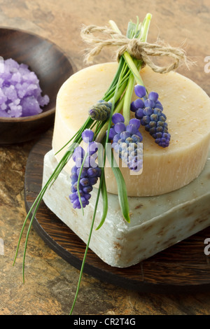 Sapone artigianale con prodotti freschi di lavanda e porpora sale spa Foto Stock