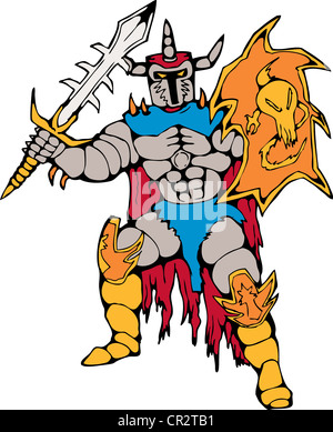 Illustrazione di un cartoon cavaliere con scudo e spada isolato su sfondo bianco. Foto Stock